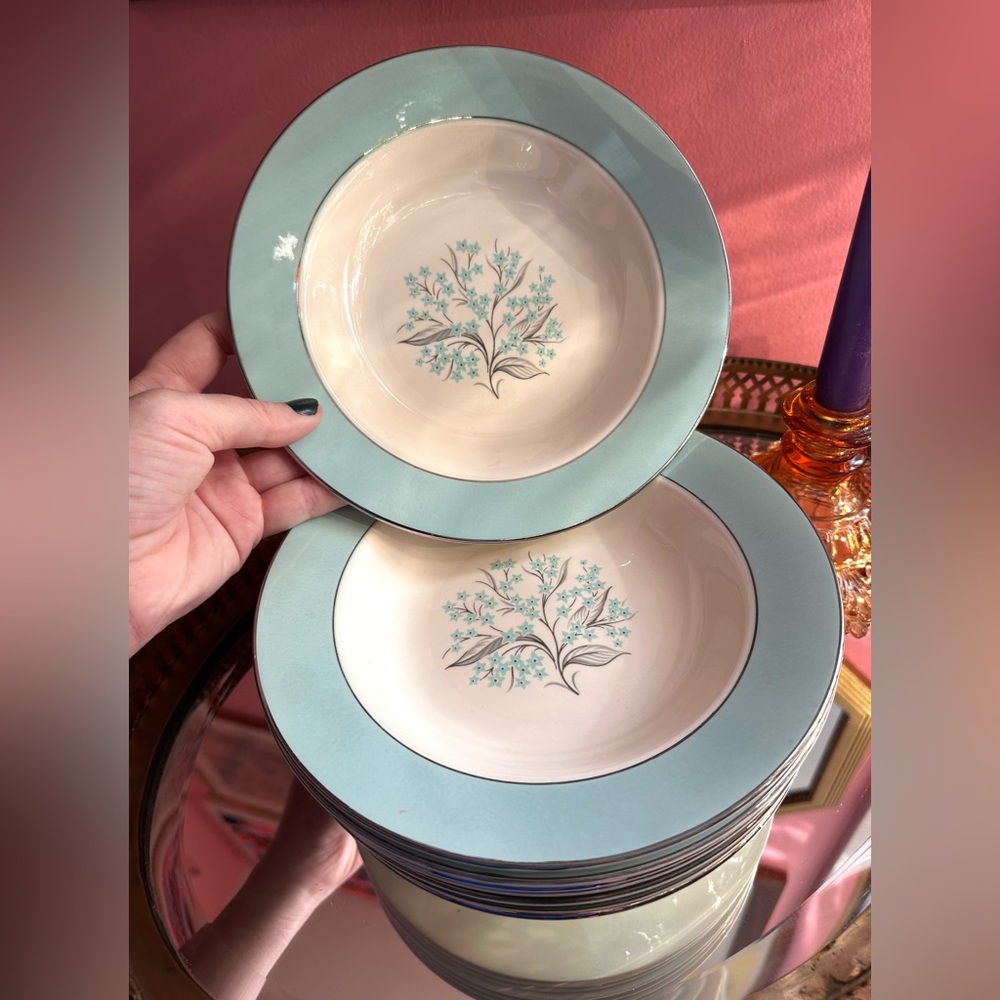 Set of 2 1950's Sevron Blue Lace Rimmed Soup Bowls 8 1/4" Mid-Century Dishes